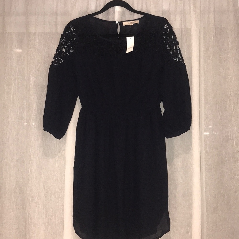 LOFT Navy Chiffon Long Sleeve Dress